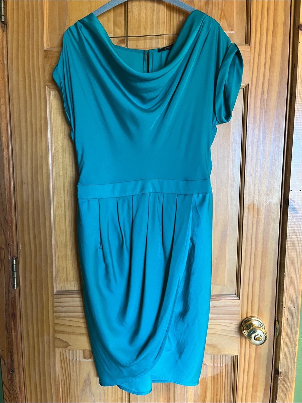 BCBG Draped Teal Midi Dress with Cowl Neck